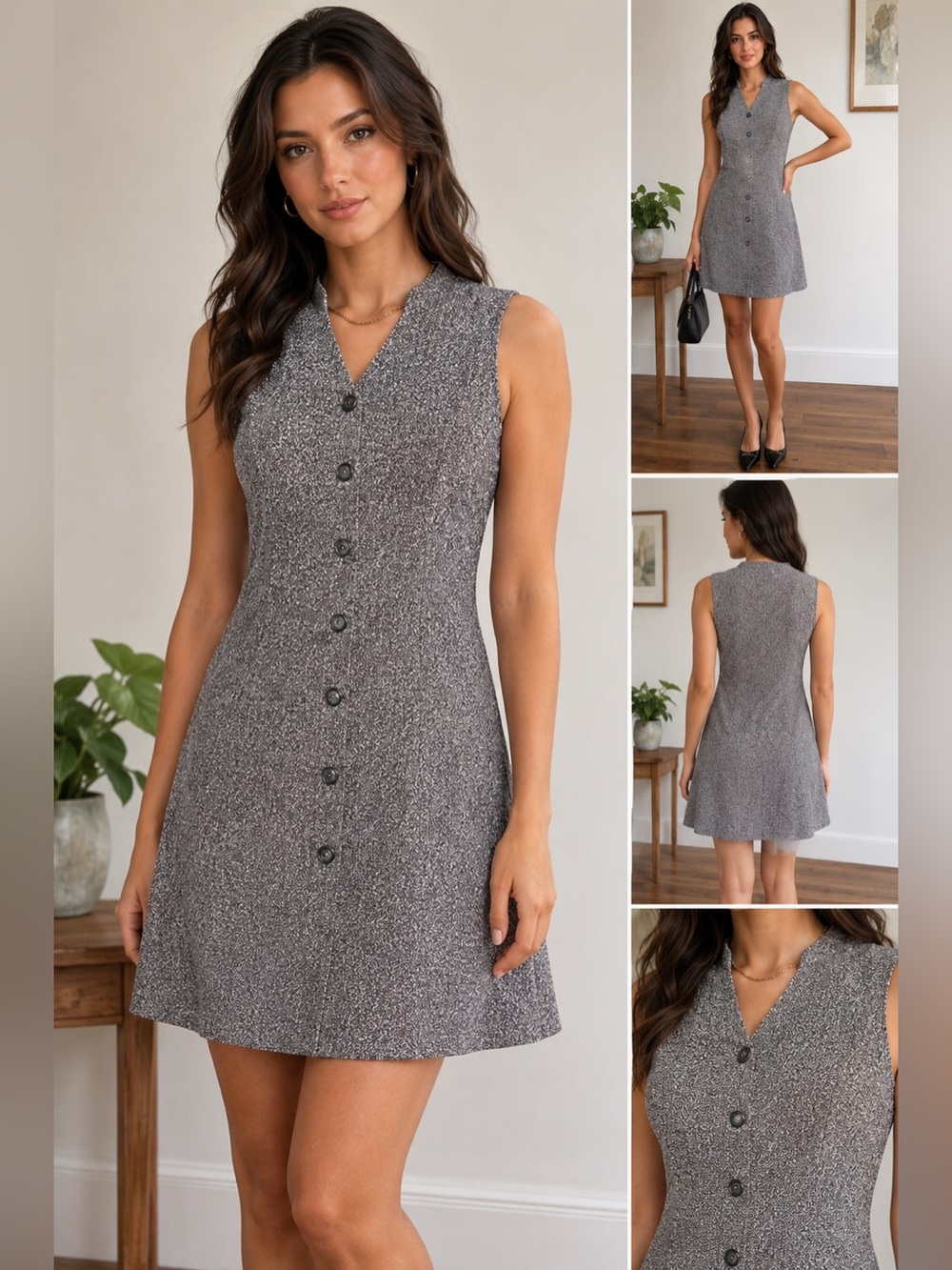 Worthington Gray Speckled Sleeveless Button Front Dress V Neck Fully Lined